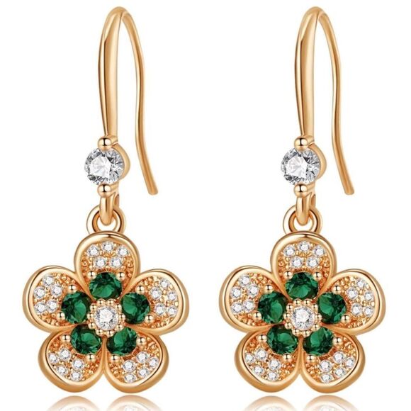 14K Yellow Gold with Emerald Green and Diamond Austrian Crystal Flower Earrings